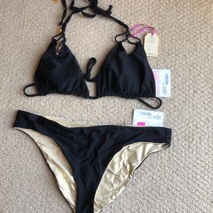NWT Luli Fama Black and Gold Reversible Bikini